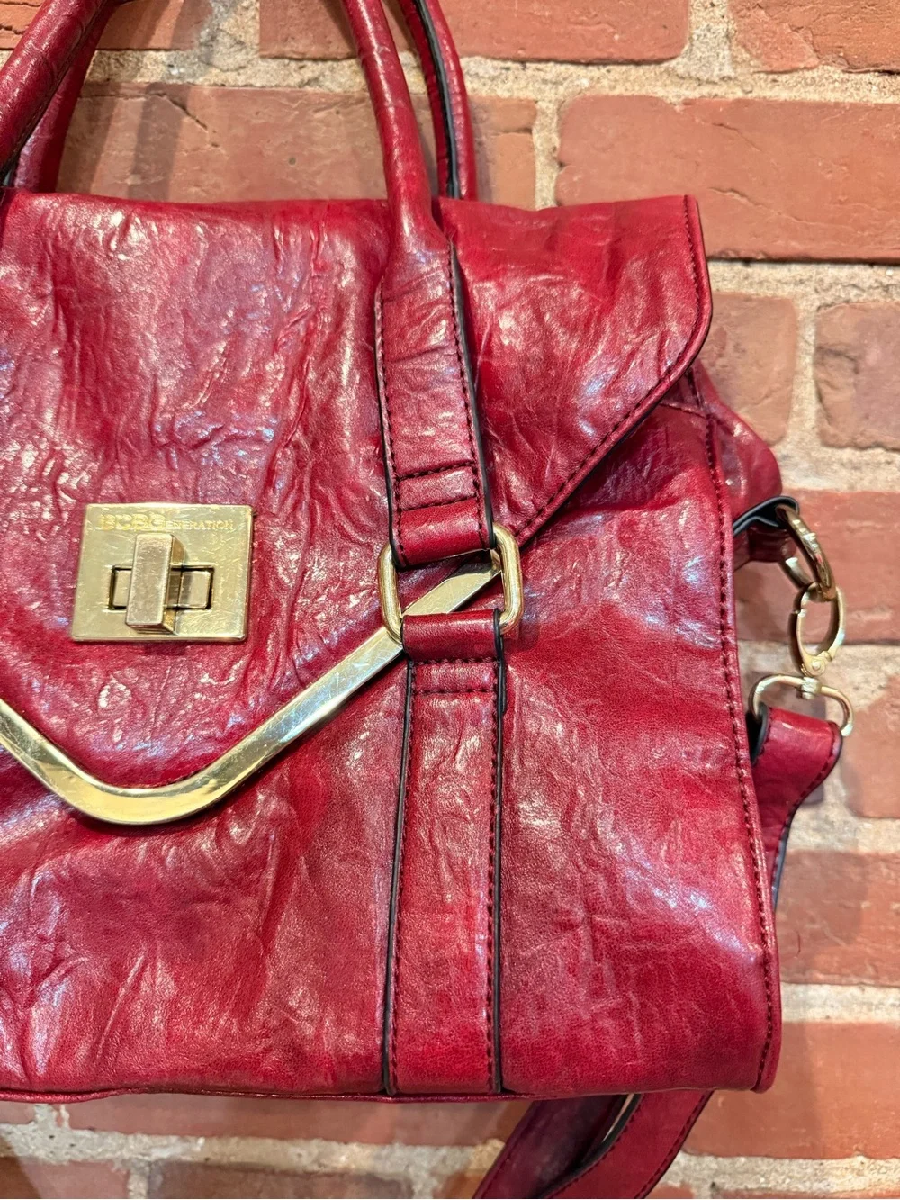 Red Leather Top-Handle Satchel Handbag - BCBG